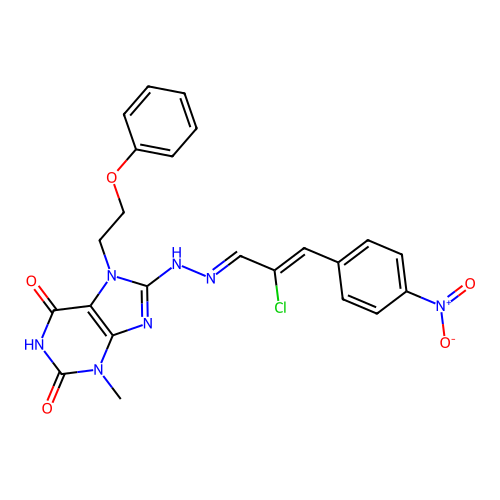 8-(2-(2-chloro-3-(4-nitrophenyl)allylidene)hydrazinyl)-3-methyl-7-(2-phenoxyethyl)-1H-purine-2,6(3H,7H)-dione structure