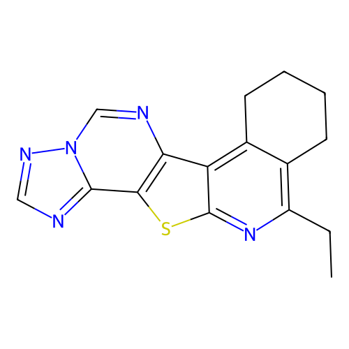 11-ethyl-7,8,9,10-tetrahydro-[1,2,4]triazolo[1'',5'':1',6']pyrimido[4',5':4,5]thieno[2,3-c]isoquinoline structure