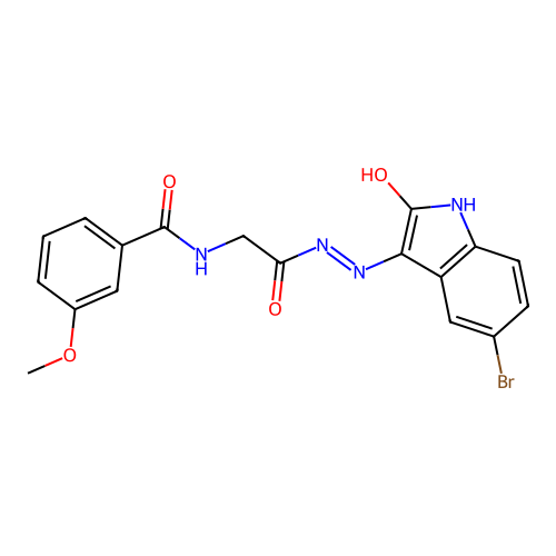 N-[[(5-bromo-2-oxo-indol-3-yl)amino]carbamoylmethyl]-3-methoxy-benzamide structure
