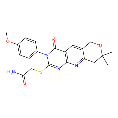 2-((3-(4-methoxyphenyl)-8,8-dimethyl-4-oxo-4,6,8,9-tetrahydro-3H-pyrano[3',4':5,6]pyrido[2,3-d]pyrimidin-2-yl)thio)acetamide structure