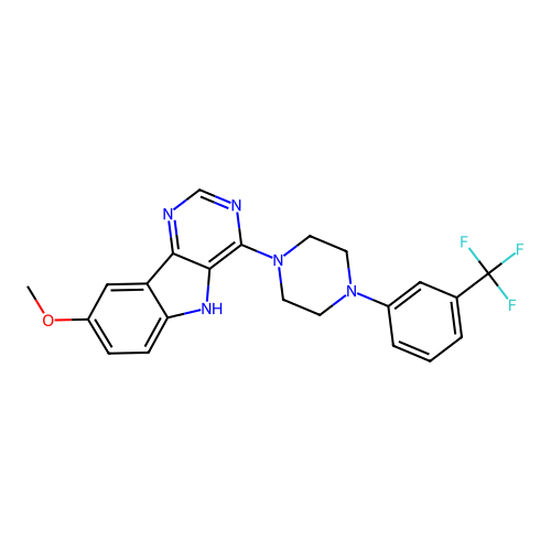1-{8-methoxy-5H-pyrimido[5,4-b]indol-4-yl}-4-[3-(trifluoromethyl)phenyl]piperazine structure