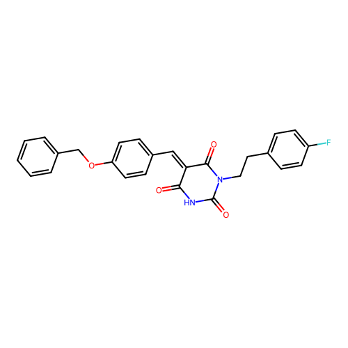 (E)-5-(4-(benzyloxy)benzylidene)-1-(4-fluorophenethyl)pyrimidine-2,4,6(1H,3H,5H)-trione structure