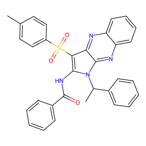 N-(1-(1-phenylethyl)-3-tosyl-1H-pyrrolo[2,3-b]quinoxalin-2-yl)benzamide structure