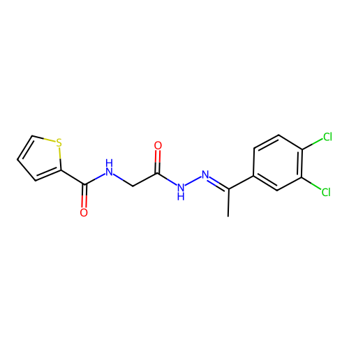 (E)-N-(2-(2-(1-(3,4-dichlorophenyl)ethylidene)hydrazinyl)-2-oxoethyl)thiophene-2-carboxamide structure