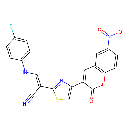 3-((4-fluorophenyl)amino)-2-(4-(6-nitro-2-oxo-2H-chromen-3-yl)thiazol-2-yl)acrylonitrile structure