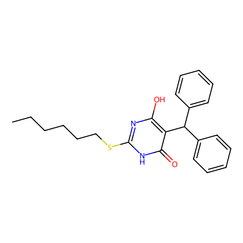 5-(diphenylmethyl)-2-(hexylsulfanyl)-6-hydroxypyrimidin-4(3H)-one structure