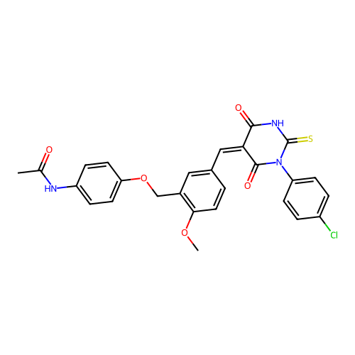 (Z)-N-(4-((5-((1-(4-chlorophenyl)-4,6-dioxo-2-thioxotetrahydropyrimidin-5(2H)-ylidene)methyl)-2-methoxybenzyl)oxy)phenyl)acetamide structure