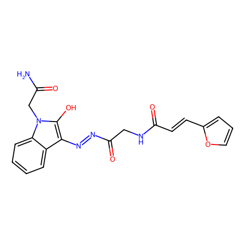 (2E)-N-(2-{(2Z)-2-[1-(2-amino-2-oxoethyl)-2-oxo-1,2-dihydro-3H-indol-3-ylidene]hydrazinyl}-2-oxoethyl)-3-(furan-2-yl)prop-2-enamide structure