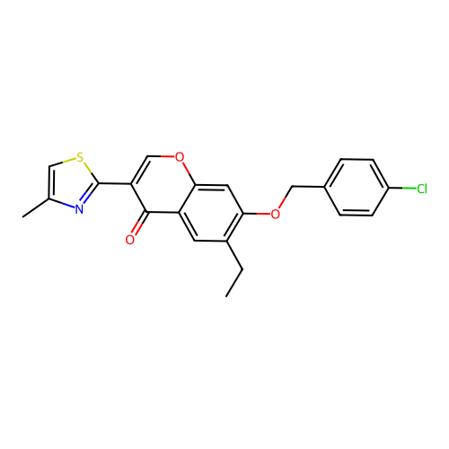 7-[(4-chlorobenzyl)oxy]-6-ethyl-3-(4-methyl-1,3-thiazol-2-yl)-4H-chromen-4-one structure