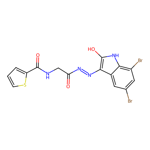 N-[[(5,7-dibromo-2-oxo-indol-3-yl)amino]carbamoylmethyl]thiophene-2-carboxamide structure