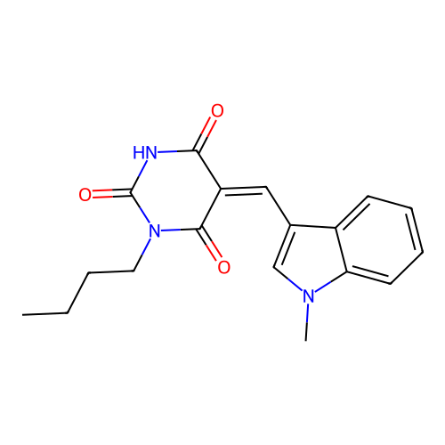 (5Z)-1-butyl-5-[(1-methyl-1H-indol-3-yl)methylidene]pyrimidine-2,4,6(1H,3H,5H)-trione structure