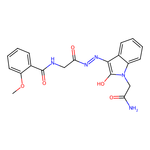 (Z)-N-(2-(2-(1-(2-amino-2-oxoethyl)-2-oxoindolin-3-ylidene)hydrazinyl)-2-oxoethyl)-2-methoxybenzamide structure