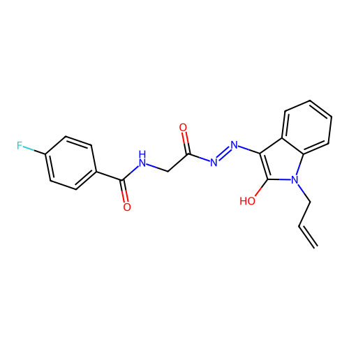 (Z)-N-(2-(2-(1-allyl-2-oxoindolin-3-ylidene)hydrazinyl)-2-oxoethyl)-4-fluorobenzamide structure