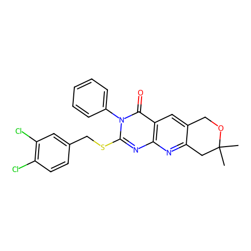 2-((3,4-dichlorobenzyl)thio)-8,8-dimethyl-3-phenyl-8,9-dihydro-3H-pyrano[3',4':5,6]pyrido[2,3-d]pyrimidin-4(6H)-one structure