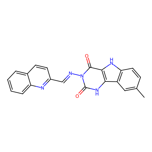 8-methyl-3-[(E)-quinolin-2-ylmethylideneamino]-1,5-dihydropyrimido[5,4-b]indole-2,4-dione structure