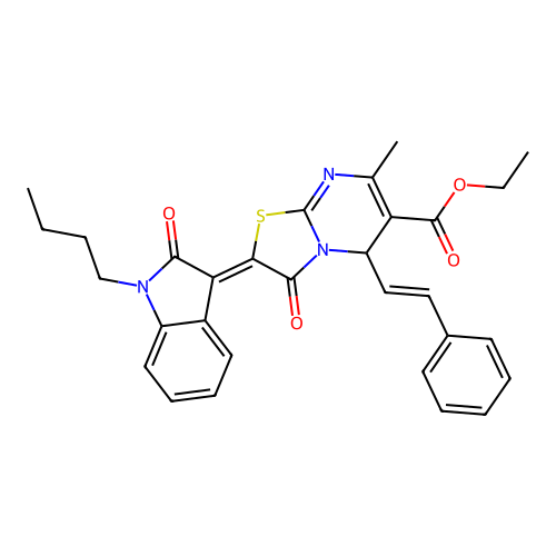 ethyl (2Z)-2-(1-butyl-2-oxo-1,2-dihydro-3H-indol-3-ylidene)-7-methyl-3-oxo-5-[(E)-2-phenylethenyl]-2,3-dihydro-5H-[1,3]thiazolo[3,2-a]pyrimidine-6-carboxylate structure