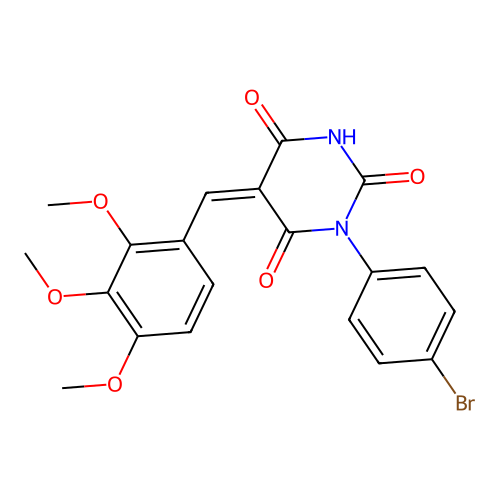 (5Z)-1-(4-bromophenyl)-5-(2,3,4-trimethoxybenzylidene)pyrimidine-2,4,6(1H,3H,5H)-trione structure