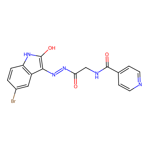 (Z)-N-(2-(2-(5-bromo-2-oxoindolin-3-ylidene)hydrazinyl)-2-oxoethyl)isonicotinamide structure