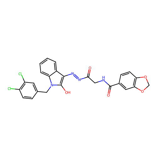 (Z)-N-(2-(2-(1-(3,4-dichlorobenzyl)-2-oxoindolin-3-ylidene)hydrazinyl)-2-oxoethyl)benzo[d][1,3]dioxole-5-carboxamide structure