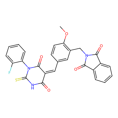 (Z)-2-(5-((1-(2-fluorophenyl)-4,6-dioxo-2-thioxotetrahydropyrimidin-5(2H)-ylidene)methyl)-2-methoxybenzyl)isoindoline-1,3-dione structure