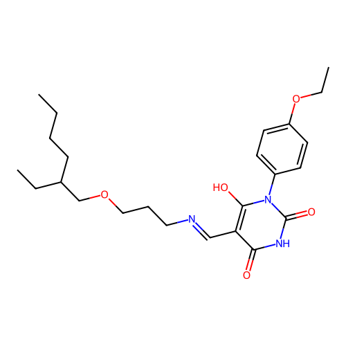 1-(4-ethoxyphenyl)-5-[[3-(2-ethylhexoxy)propylamino]methylidene]-1,3-diazinane-2,4,6-trione structure