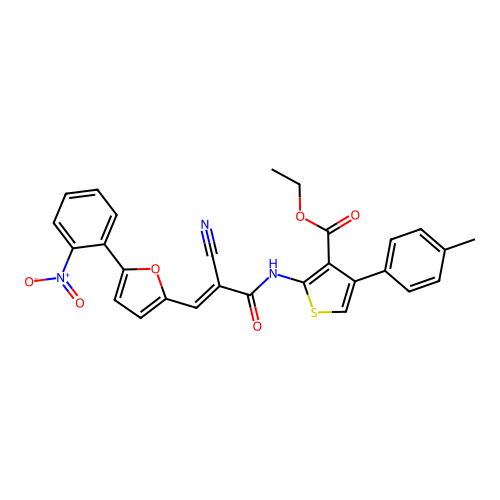 ethyl 2-({(2E)-2-cyano-3-[5-(2-nitrophenyl)furan-2-yl]prop-2-enoyl}amino)-4-(4-methylphenyl)thiophene-3-carboxylate structure