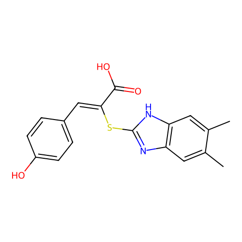 (Z)-2-((5,6-dimethyl-1H-benzo[d]imidazol-2-yl)thio)-3-(4-hydroxyphenyl)acrylic acid structure