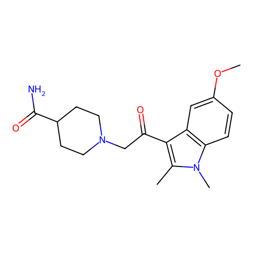 1-(2-(5-methoxy-1,2-dimethyl-1H-indol-3-yl)-2-oxoethyl)piperidine-4-carboxamide structure