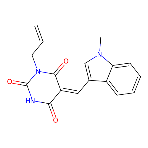 (Z)-1-allyl-5-((1-methyl-1H-indol-3-yl)methylene)pyrimidine-2,4,6(1H,3H,5H)-trione structure