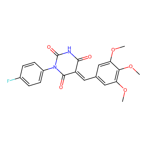 (E)-1-(4-fluorophenyl)-5-(3,4,5-trimethoxybenzylidene)pyrimidine-2,4,6(1H,3H,5H)-trione structure