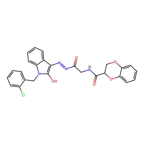 (Z)-N-(2-(2-(1-(2-chlorobenzyl)-2-oxoindolin-3-ylidene)hydrazinyl)-2-oxoethyl)-2,3-dihydrobenzo[b][1,4]dioxine-2-carboxamide structure