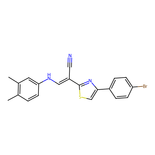 (E)-2-(4-(4-bromophenyl)thiazol-2-yl)-3-((3,4-dimethylphenyl)amino)acrylonitrile structure