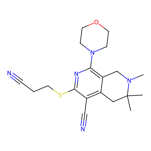 3-((2-cyanoethyl)thio)-6,6,7-trimethyl-1-morpholino-5,6,7,8-tetrahydro-2,7-naphthyridine-4-carbonitrile structure