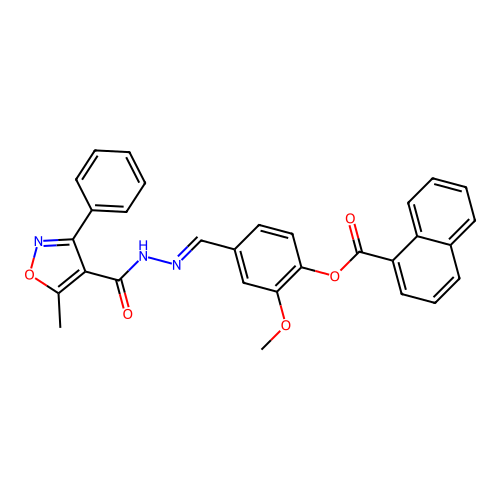 (E)-2-methoxy-4-((2-(5-methyl-3-phenylisoxazole-4-carbonyl)hydrazono)methyl)phenyl 1-naphthoate structure