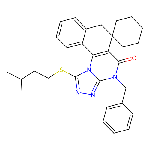 4-benzyl-1-(isopentylthio)-4H-spiro[benzo[h][1,2,4]triazolo[4,3-a]quinazoline-6,1'-cyclohexan]-5(7H)-one structure