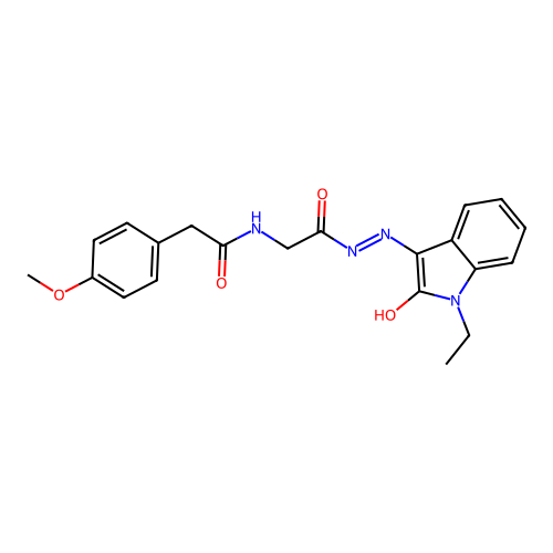(Z)-N-(2-(2-(1-ethyl-2-oxoindolin-3-ylidene)hydrazinyl)-2-oxoethyl)-2-(4-methoxyphenyl)acetamide structure