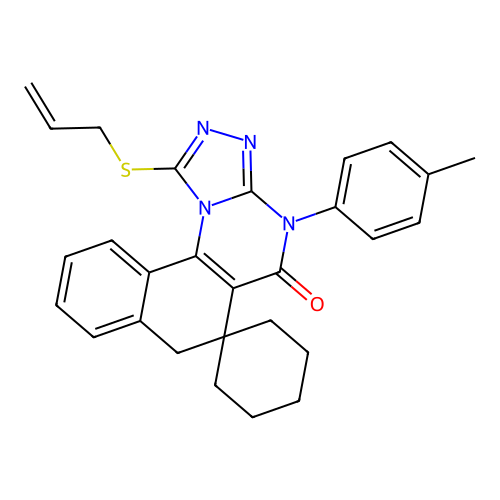 1-(allylthio)-4-(p-tolyl)-4H-spiro[benzo[h][1,2,4]triazolo[4,3-a]quinazoline-6,1'-cyclohexan]-5(7H)-one structure