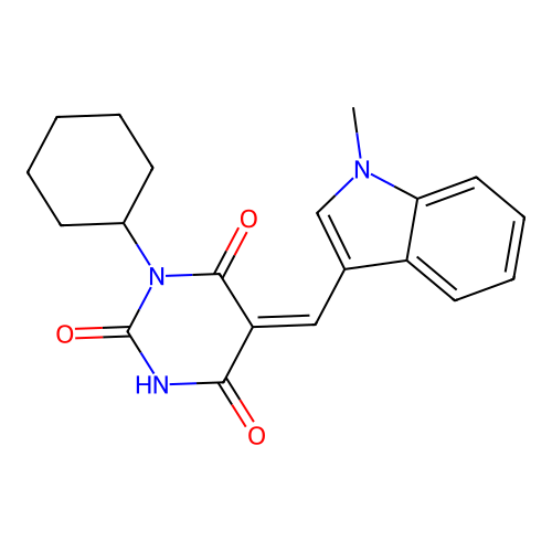 (Z)-1-cyclohexyl-5-((1-methyl-1H-indol-3-yl)methylene)pyrimidine-2,4,6(1H,3H,5H)-trione structure