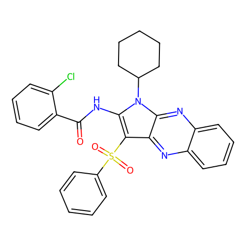 2-chloro-N-(1-cyclohexyl-3-(phenylsulfonyl)-1H-pyrrolo[2,3-b]quinoxalin-2-yl)benzamide structure