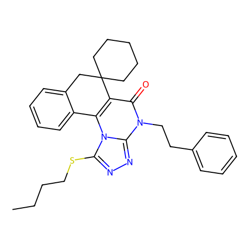 1-(butylsulfanyl)-4-(2-phenylethyl)-4H-spiro[benzo[h][1,2,4]triazolo[4,3-a]quinazoline-6,1'-cyclohexan]-5(7H)-one structure