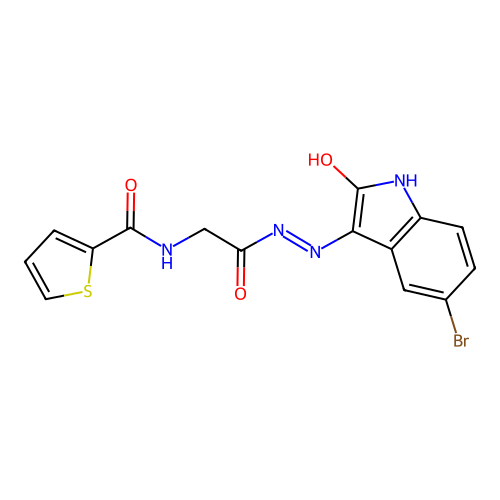 N-[2-[2-(5-bromo-2-oxoindol-3-yl)hydrazinyl]-2-oxoethyl]thiophene-2-carboxamide structure