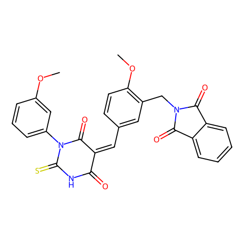 (Z)-2-(2-methoxy-5-((1-(3-methoxyphenyl)-4,6-dioxo-2-thioxotetrahydropyrimidin-5(2H)-ylidene)methyl)benzyl)isoindoline-1,3-dione structure