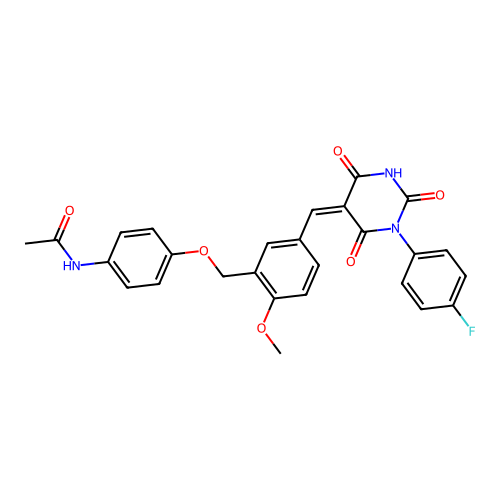 (Z)-N-(4-((5-((1-(4-fluorophenyl)-2,4,6-trioxotetrahydropyrimidin-5(2H)-ylidene)methyl)-2-methoxybenzyl)oxy)phenyl)acetamide structure