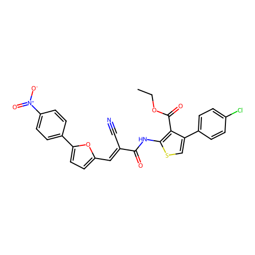(E)-ethyl 4-(4-chlorophenyl)-2-(2-cyano-3-(5-(4-nitrophenyl)furan-2-yl)acrylamido)thiophene-3-carboxylate structure