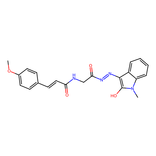 (2E)-3-(4-methoxyphenyl)-N-{2-[(2Z)-2-(1-methyl-2-oxo-1,2-dihydro-3H-indol-3-ylidene)hydrazinyl]-2-oxoethyl}prop-2-enamide (non-preferred name) structure