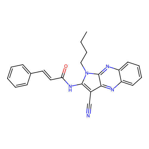 (2E)-N-(1-butyl-3-cyano-1H-pyrrolo[2,3-b]quinoxalin-2-yl)-3-phenylprop-2-enamide structure