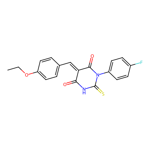 (E)-5-(4-ethoxybenzylidene)-1-(4-fluorophenyl)-2-thioxodihydropyrimidine-4,6(1H,5H)-dione structure