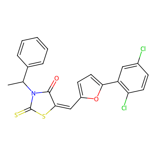 (5E)-5-{[5-(2,5-dichlorophenyl)furan-2-yl]methylidene}-3-(1-phenylethyl)-2-thioxo-1,3-thiazolidin-4-one structure