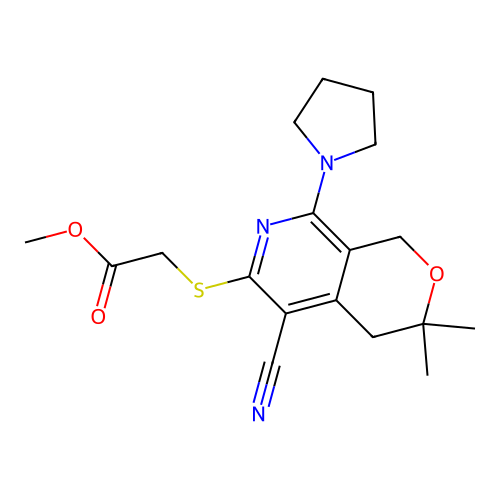 methyl {[5-cyano-3,3-dimethyl-8-(pyrrolidin-1-yl)-3,4-dihydro-1H-pyrano[3,4-c]pyridin-6-yl]sulfanyl}acetate structure