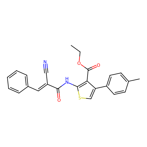 (E)-ethyl 2-(2-cyano-3-phenylacrylamido)-4-(p-tolyl)thiophene-3-carboxylate structure
